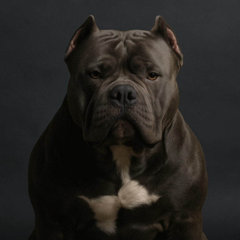 Stiprus XL American Bully šuo su masyvia galva ir raumeningu kūnu sėdi priešais tamsiai pilką foną, aiškiai išryškintu siluetu.