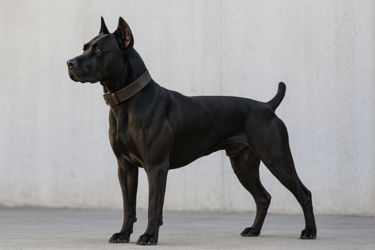 Juodas Canis Panther šuo stovi ant šviesaus betono fono